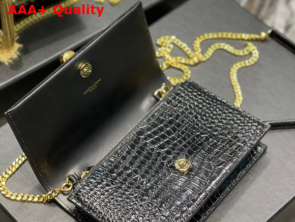 Saint Laurent Kate Chain Wallet with Tassel in Black Crocodile Embossed Shiny Leather Replica