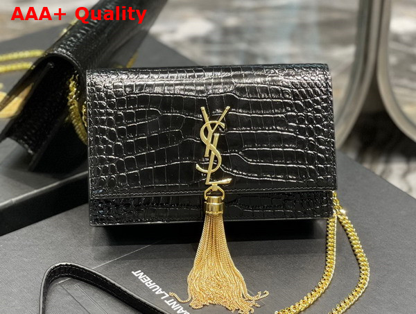Saint Laurent Kate Chain Wallet with Tassel in Black Crocodile Embossed Shiny Leather Replica