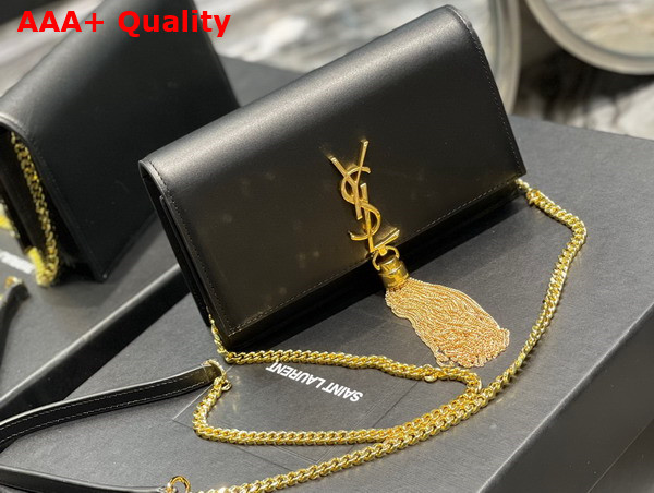 Saint Laurent Kate Chain Wallet with Tassel in Black Smooth Leather Gold Toned Metal Replica