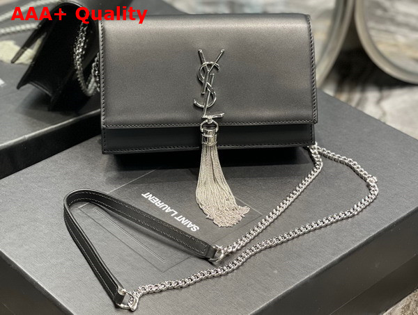 Saint Laurent Kate Chain Wallet with Tassel in Black Smooth Leather Silver Toned Metal Replica