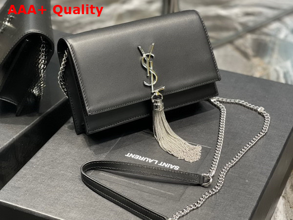 Saint Laurent Kate Chain Wallet with Tassel in Black Smooth Leather Silver Toned Metal Replica