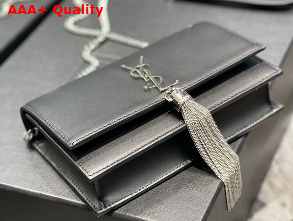 Saint Laurent Kate Chain Wallet with Tassel in Black Smooth Leather Silver Toned Metal Replica