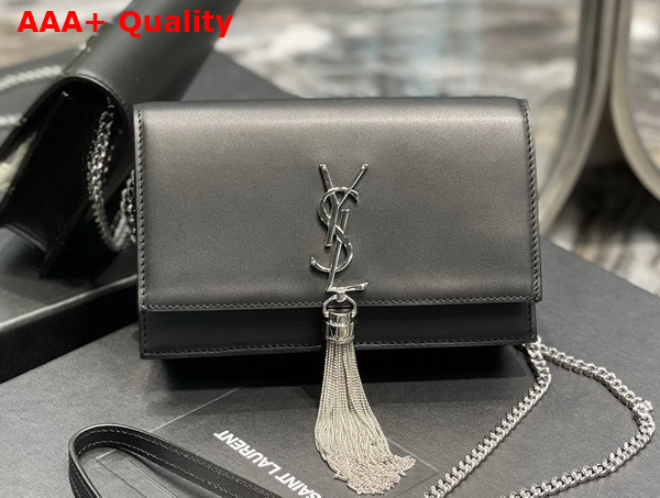 Saint Laurent Kate Chain Wallet with Tassel in Black Smooth Leather Silver Toned Metal Replica