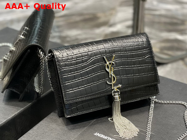 Saint Laurent Kate Chain Wallet with Tassel in Crocodile Embossed Shiny Leather Black Replica