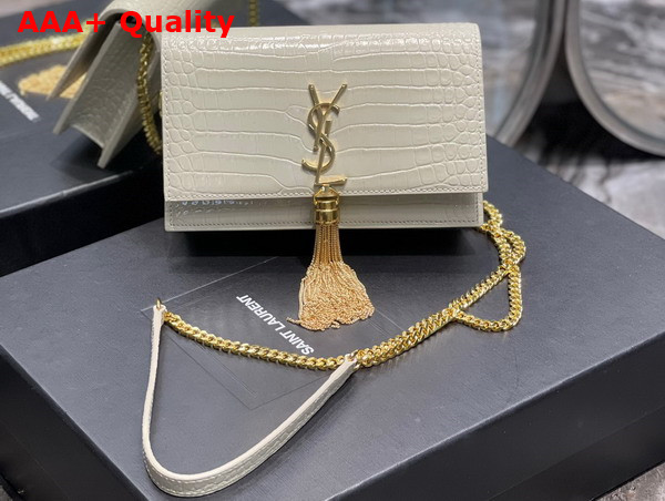 Saint Laurent Kate Chain Wallet with Tassel in Crocodile Embossed Shiny Leather Blanc Vintage Replica