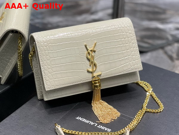 Saint Laurent Kate Chain Wallet with Tassel in Crocodile Embossed Shiny Leather Blanc Vintage Replica