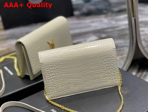 Saint Laurent Kate Chain Wallet with Tassel in Crocodile Embossed Shiny Leather Blanc Vintage Replica