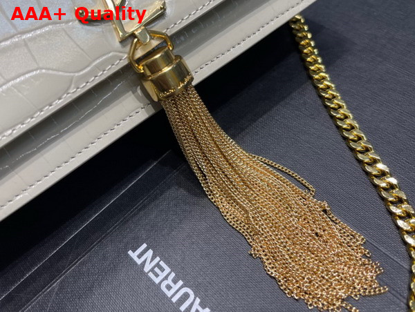 Saint Laurent Kate Chain Wallet with Tassel in Crocodile Embossed Shiny Leather Blanc Vintage Replica