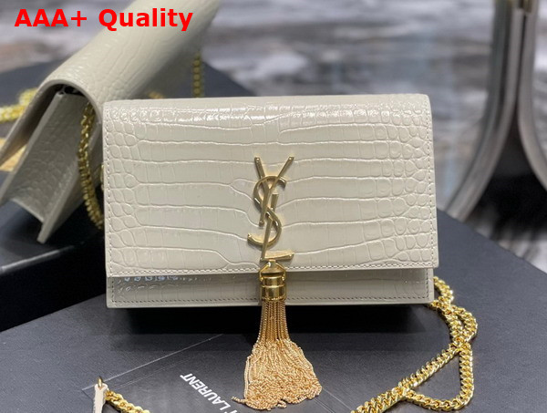 Saint Laurent Kate Chain Wallet with Tassel in Crocodile Embossed Shiny Leather Blanc Vintage Replica