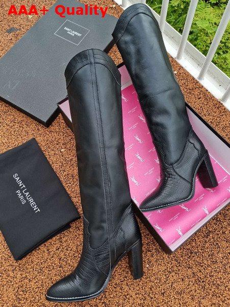 Saint Laurent Kate High Boots in Tejus Embossed and Smooth Leather Black Replica