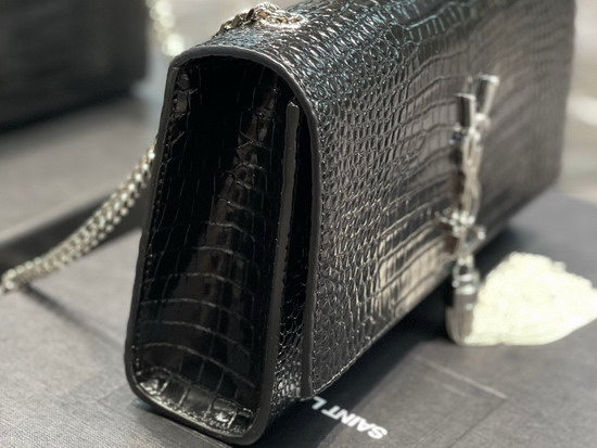 Saint Laurent Kate Medium with Tassel in Crocodile Embossed Shiny Leather Black Replica