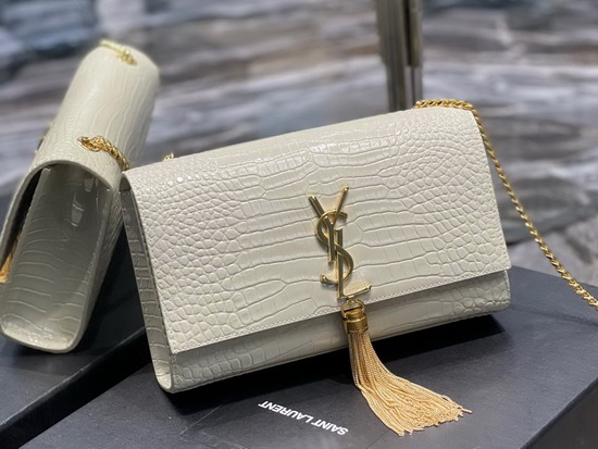 Saint Laurent Kate Medium with Tassel in Crocodile Embossed Shiny Leather Blanc Vintage Replica