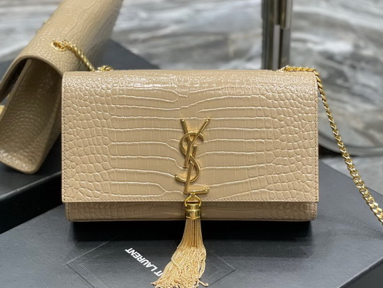 Saint Laurent Kate Medium with Tassel in Crocodile Embossed Shiny Leather Dark Beige Replica
