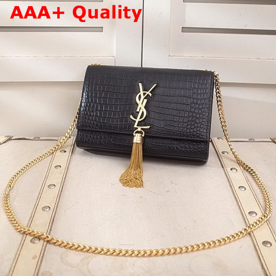 Saint Laurent Kate Small with Tassel in Black Embossed Crocodile Shiny Leather Gold Hardware Replica