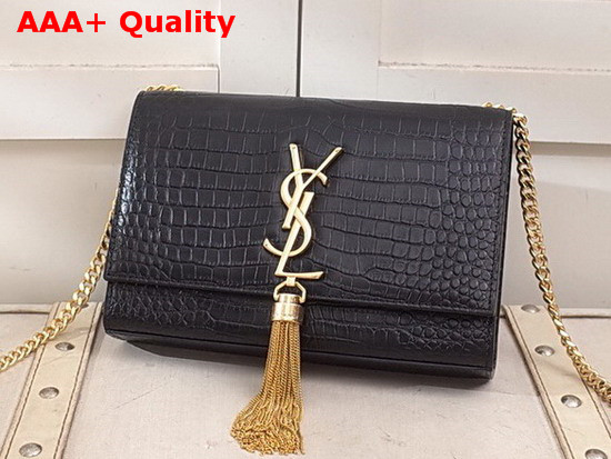 Saint Laurent Kate Small with Tassel in Black Embossed Crocodile Shiny Leather Gold Hardware Replica