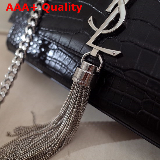 Saint Laurent Kate Small with Tassel in Black Embossed Crocodile Shiny Leather Silver Hardware Replica