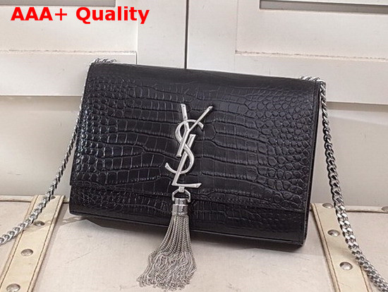 Saint Laurent Kate Small with Tassel in Black Embossed Crocodile Shiny Leather Silver Hardware Replica