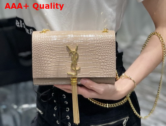 Saint Laurent Kate Small with Tassel in Crocodile Embossed Shiny Leather Dark Beige Replica