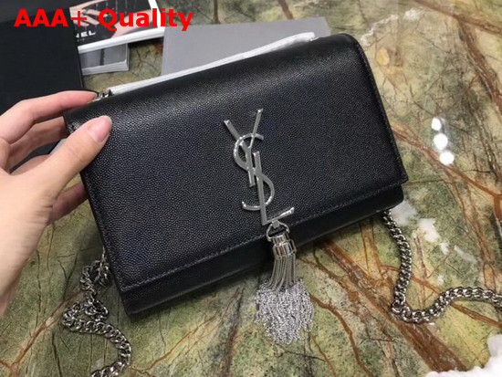 Saint Laurent Kate Tassel Chain Wallet in Black Textured Leather Replica