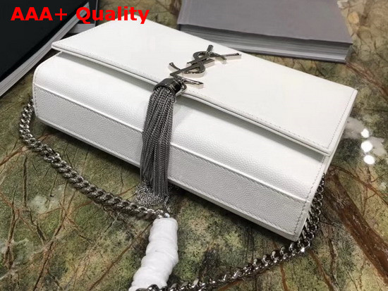 Saint Laurent Kate Tassel Chain Wallet in White Textured Leather Replica