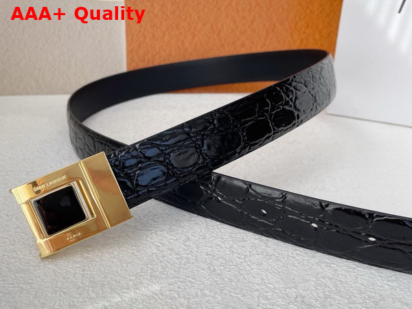 Saint Laurent La 76 Buckle Belt in Black Crocodile Embossed Leather and Enamel Replica