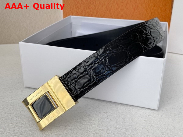 Saint Laurent La 76 Buckle Belt in Black Crocodile Embossed Leather and Enamel Replica
