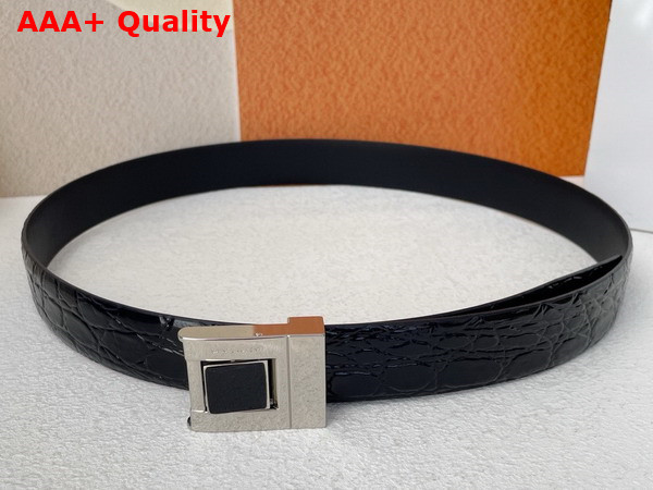 Saint Laurent La 76 Buckle Belt in Black Crocodile Embossed Leather and Enamel Replica