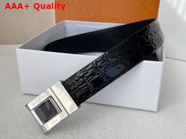 Saint Laurent La 76 Buckle Belt in Black Crocodile Embossed Leather and Enamel Replica