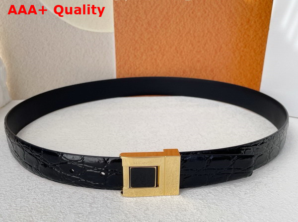 Saint Laurent La 76 Buckle Belt in Black Crocodile Embossed Leather and Enamel Replica