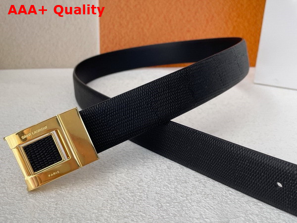 Saint Laurent La 76 Buckle Belt in Black Lizard Embossed Leather and Enamel Replica