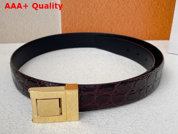 Saint Laurent La 76 Buckle Belt in Dark Maroon Crocodile Embossed Leather and Enamel Replica