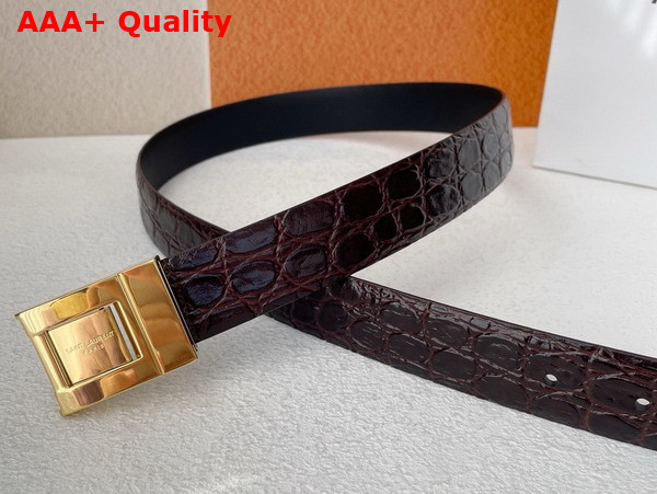 Saint Laurent La 76 Buckle Belt in Dark Maroon Crocodile Embossed Leather and Enamel Replica