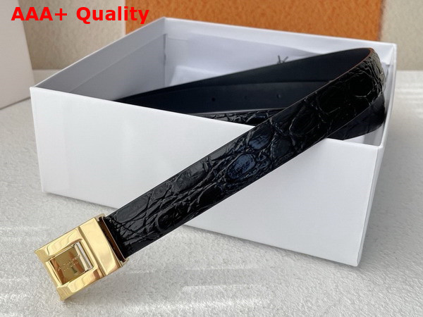 Saint Laurent La 76 Buckle Thin Belt in Black Crocodile Embossed Leather Replica