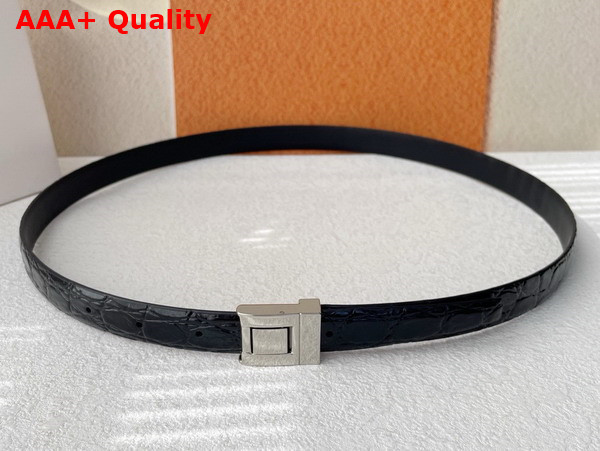 Saint Laurent La 76 Buckle Thin Belt in Black Crocodile Embossed Leather Replica