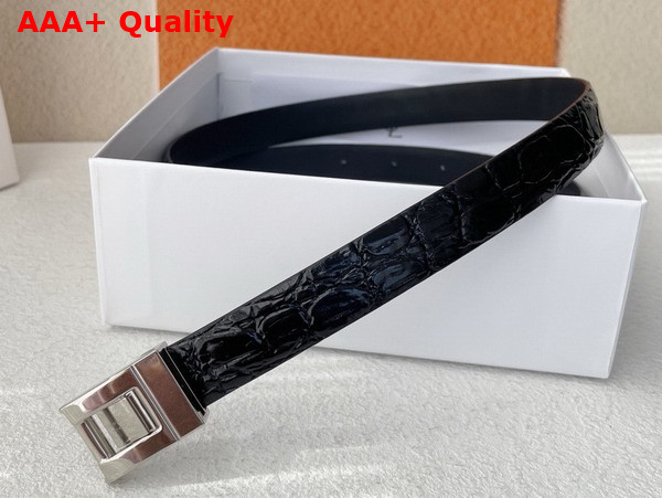 Saint Laurent La 76 Buckle Thin Belt in Black Crocodile Embossed Leather Replica