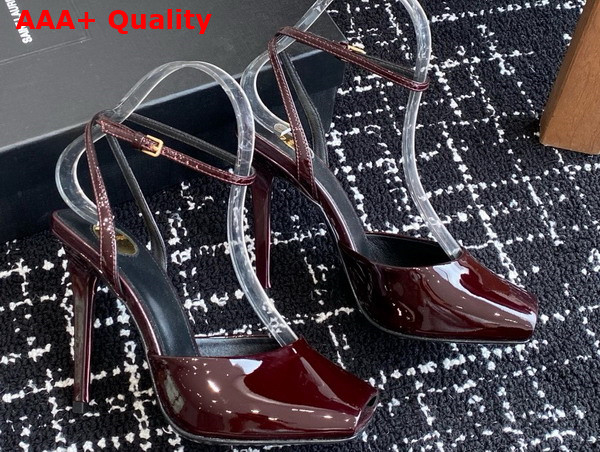 Saint Laurent La Scandale Sandals in Bordeaux Patent Leather Replica