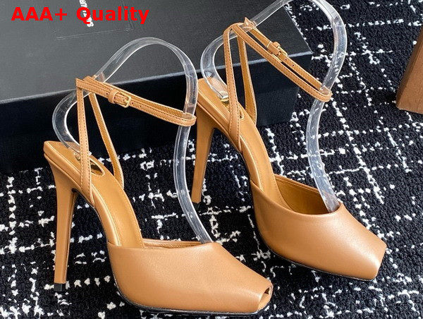 Saint Laurent La Scandale Sandals in Smooth Leather Macadamia Replica