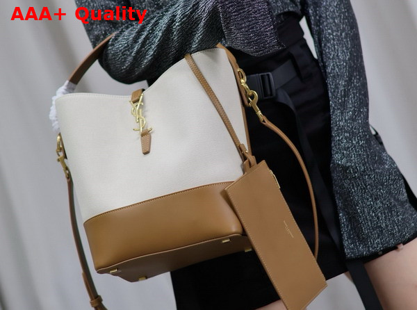 Saint Laurent Le 37 Bucket Bag in Canvas and Vegetable Tanned Leather Naturel and Brick Replica