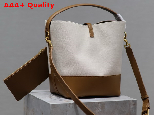 Saint Laurent Le 37 Bucket Bag in Canvas and Vegetable Tanned Leather Naturel and Brick Replica