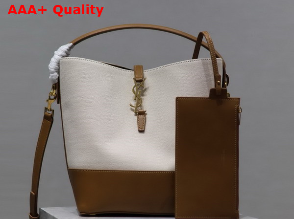 Saint Laurent Le 37 Bucket Bag in Canvas and Vegetable Tanned Leather Naturel and Brick Replica