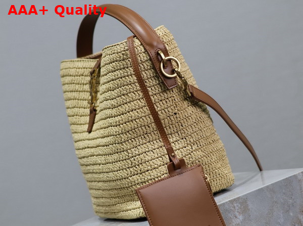 Saint Laurent Le 37 Bucket Bag in Woven Raffia and Vegetable Tanned Leather Naturel and Brick Replica