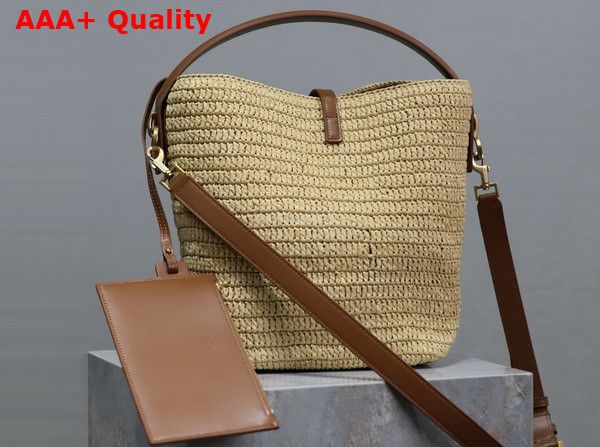 Saint Laurent Le 37 Bucket Bag in Woven Raffia and Vegetable Tanned Leather Naturel and Brick Replica