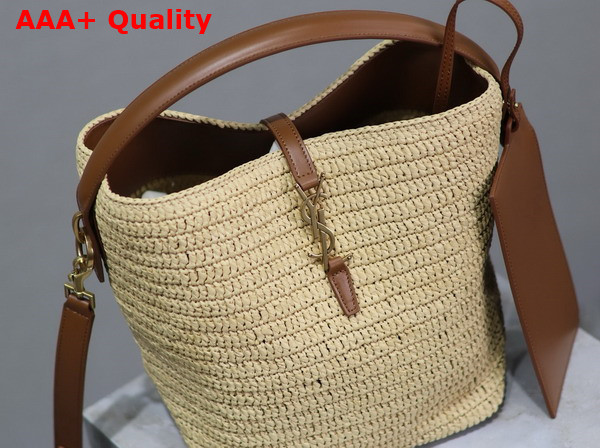 Saint Laurent Le 37 Bucket Bag in Woven Raffia and Vegetable Tanned Leather Naturel and Brick Replica