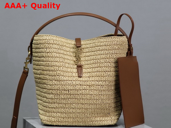 Saint Laurent Le 37 Bucket Bag in Woven Raffia and Vegetable Tanned Leather Naturel and Brick Replica