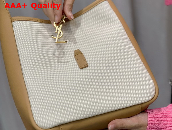 Saint Laurent Le 5 A 7 Small Supple in Canvas and Smooth Leather Grege and Brown Gold Replica