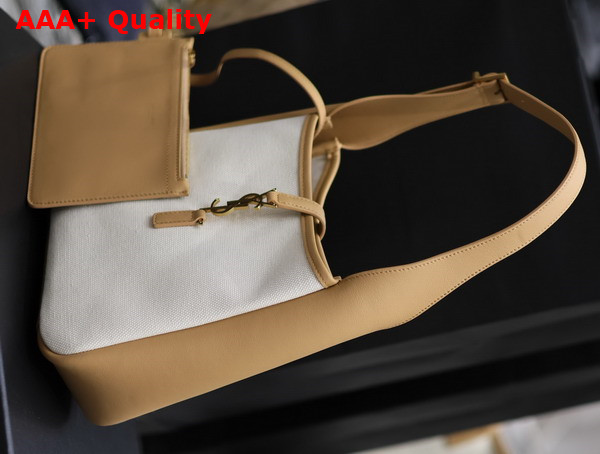 Saint Laurent Le 5 A 7 Small Supple in Canvas and Smooth Leather Grege and Brown Gold Replica