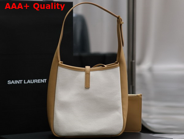 Saint Laurent Le 5 A 7 Small Supple in Canvas and Smooth Leather Grege and Brown Gold Replica