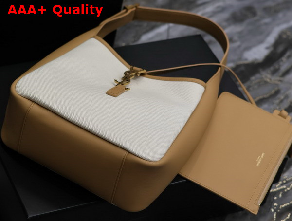 Saint Laurent Le 5 A 7 Small Supple in Canvas and Smooth Leather Grege and Brown Gold Replica