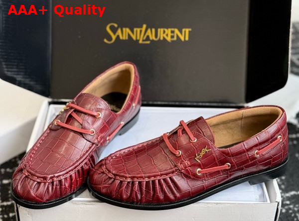 Saint Laurent Le Loafer Bateau in Burgundy Crocodile Embossed Calfskin Replica