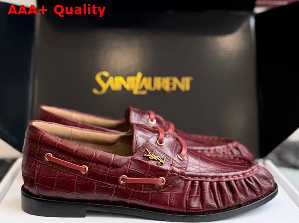Saint Laurent Le Loafer Bateau in Burgundy Crocodile Embossed Calfskin Replica